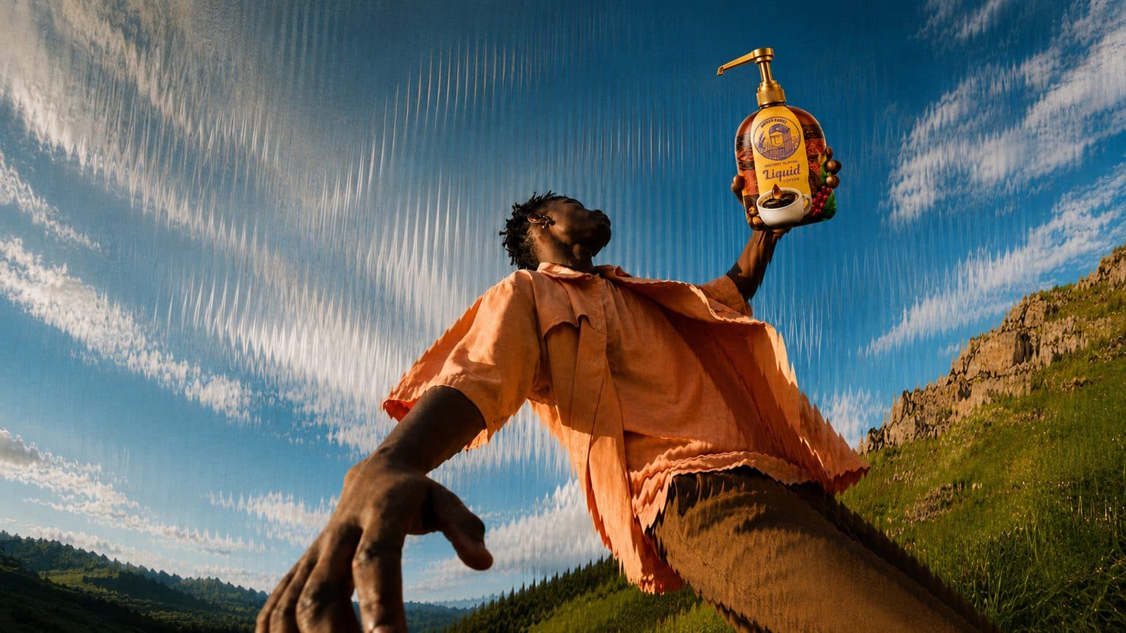 Amyra Farms coffee campaign — reaching for the sky with a bottle of Amyra liquid coffee